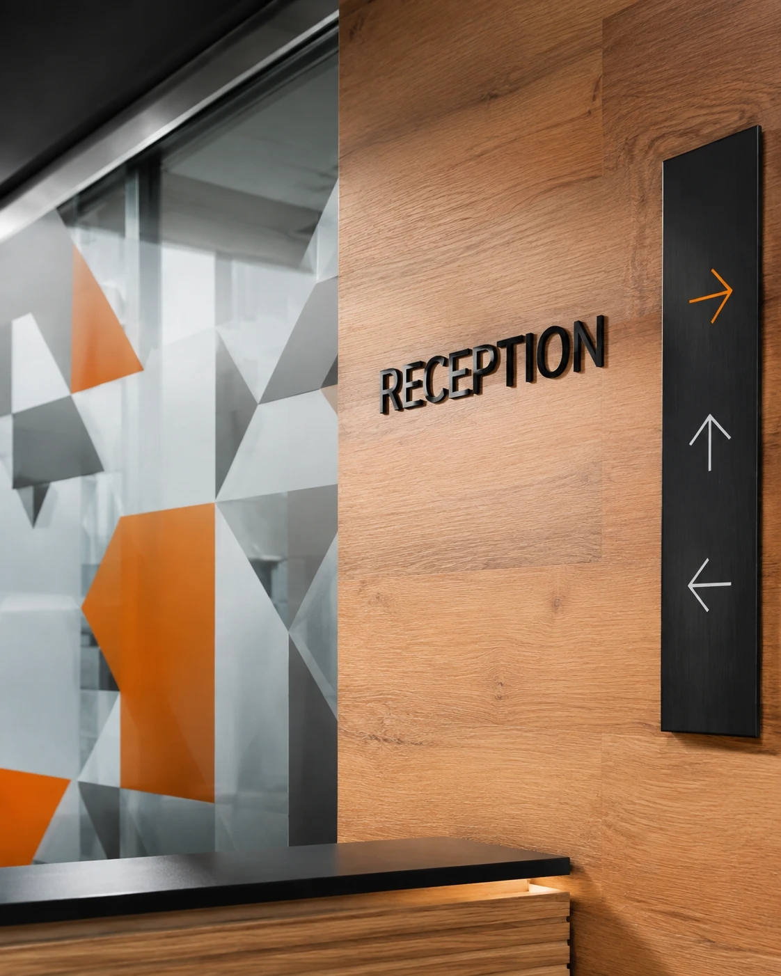 Concept visual of dimensional reception lettering, directional arrows and geometric frosted glass graphics