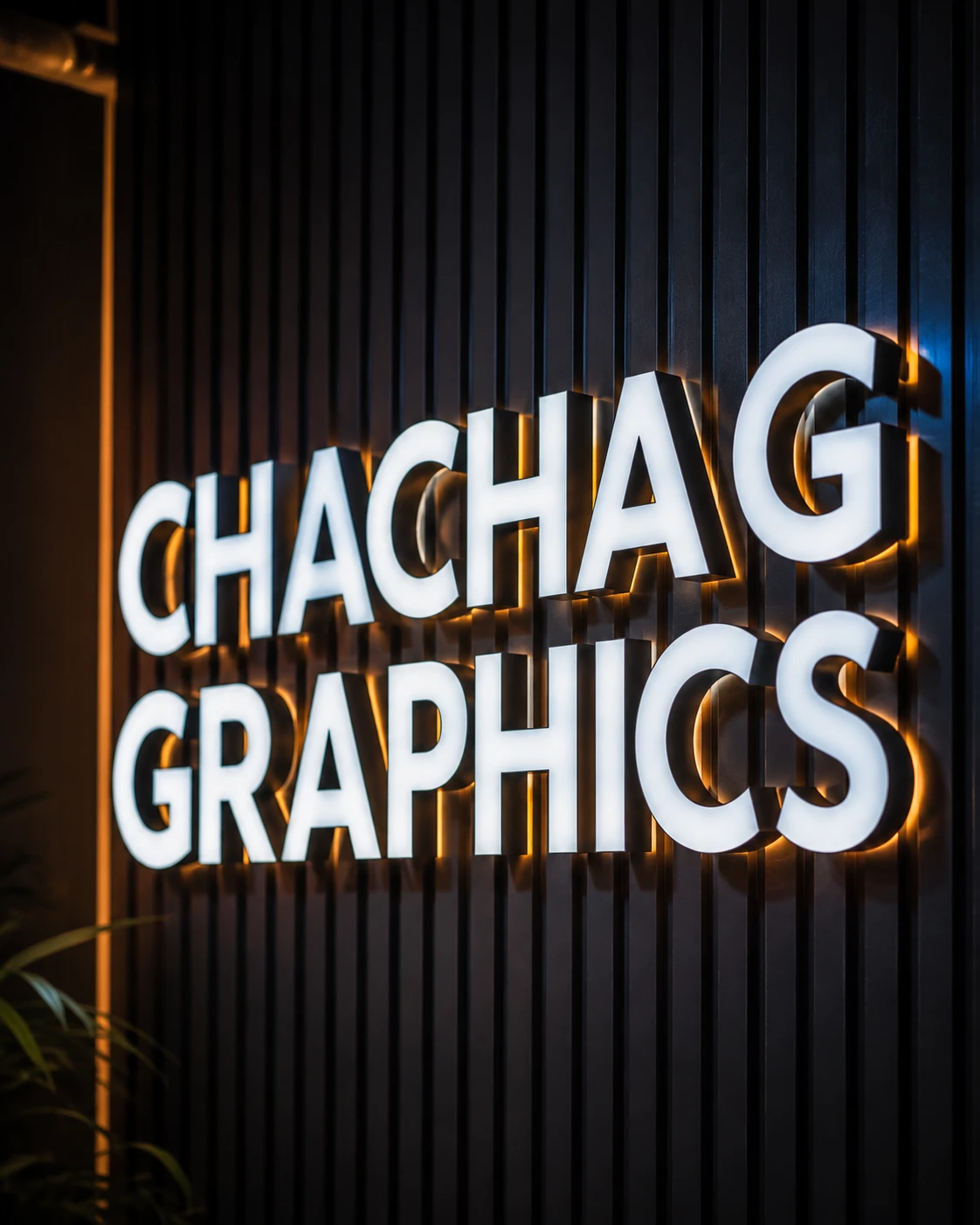 Concept visual of dimensional Chacha G Graphics lettering with warm edge lighting