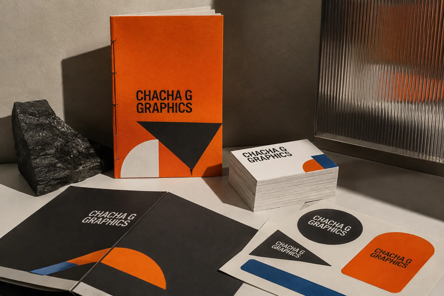 Photorealistic concept visual of coordinated Chacha G Graphics brochures, business cards, booklets and stickers